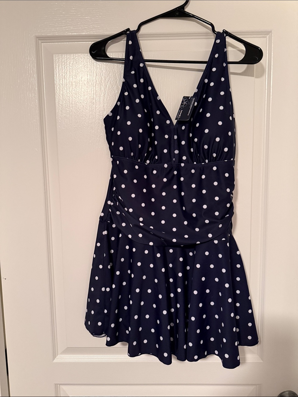 Polka Dot Navy One-Piece Swim Dress with Skirt